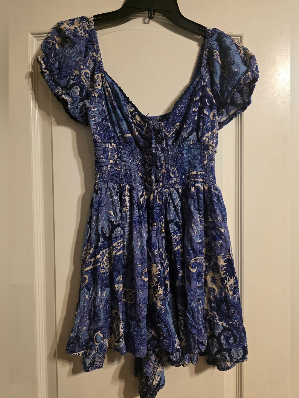 Blue Paisley Flowy Romper with Puff Sleeves